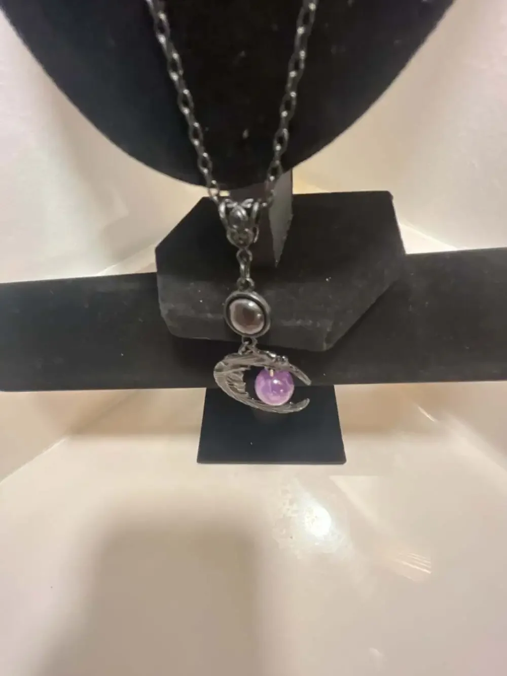 Gothic Black Crescent Moon Pendant Necklace with Purple Bead
